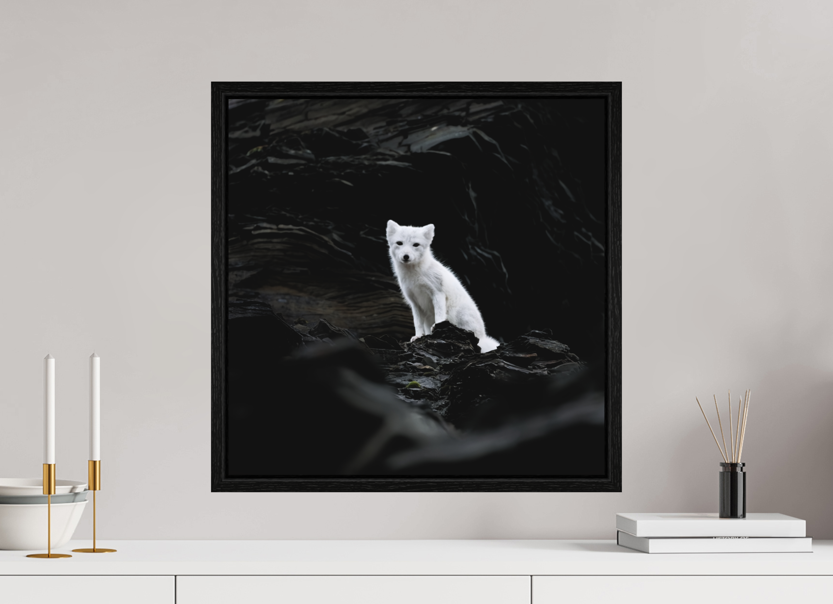 50 x 50 cm, Floater Frame Black Oak Matte Acrylic Glass Arctic Fox Angel - Floater Frame Matte