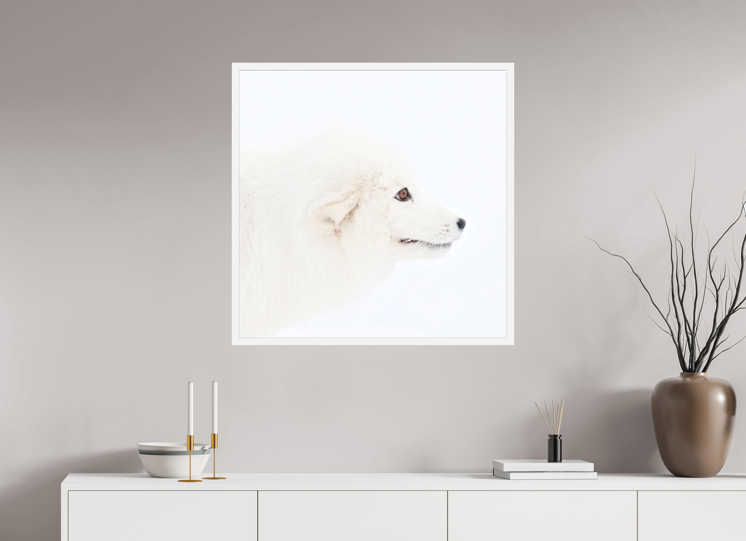 80 x 80 cm, Gallery Frame Hamburg 20mm White Matte Acrylic Arctic Fox Head - In Gallery Frame Hamburg 20 mm