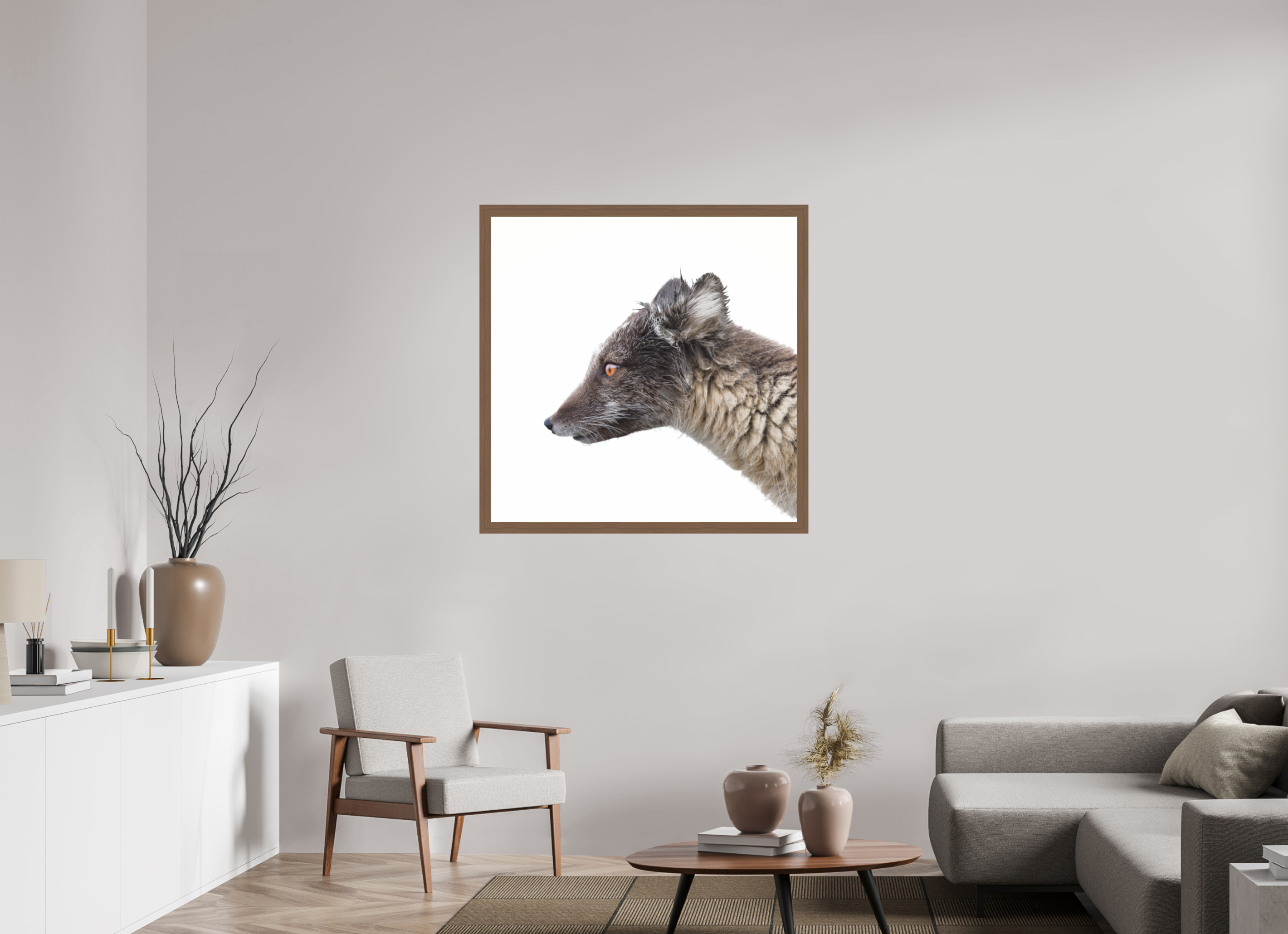 100 x 100 cm, Gallery Frame Hamburg 40mm Walnut Glossy Acrylic Arctic Fox Angel - In Solid 40 mm Wood Frame Hamburg Glossy