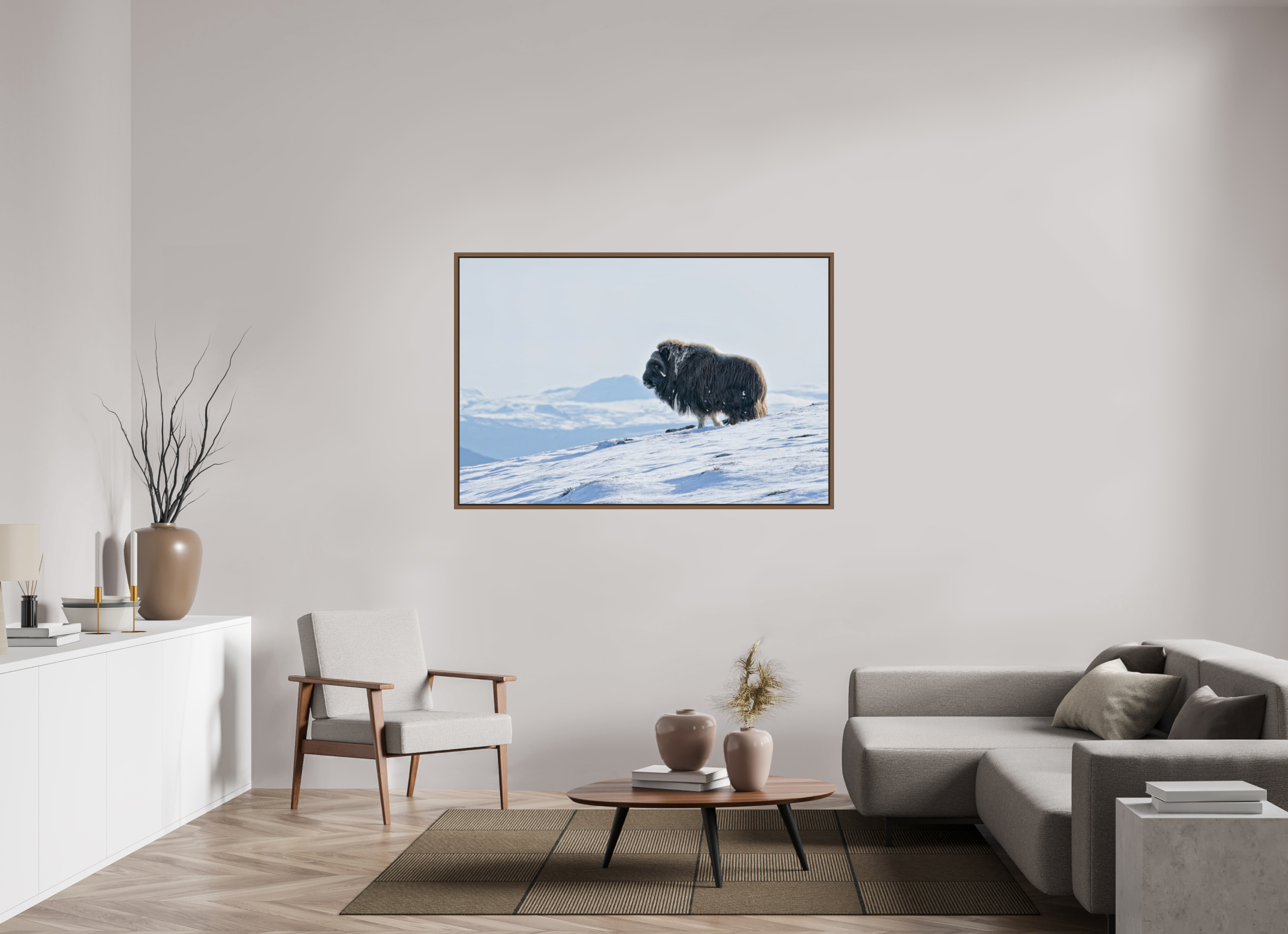 150 x 100 cm, Floater Frame Walnut Glossy Acrylic Glass The Musk Ox Kingdom - Floater Frame Glossy