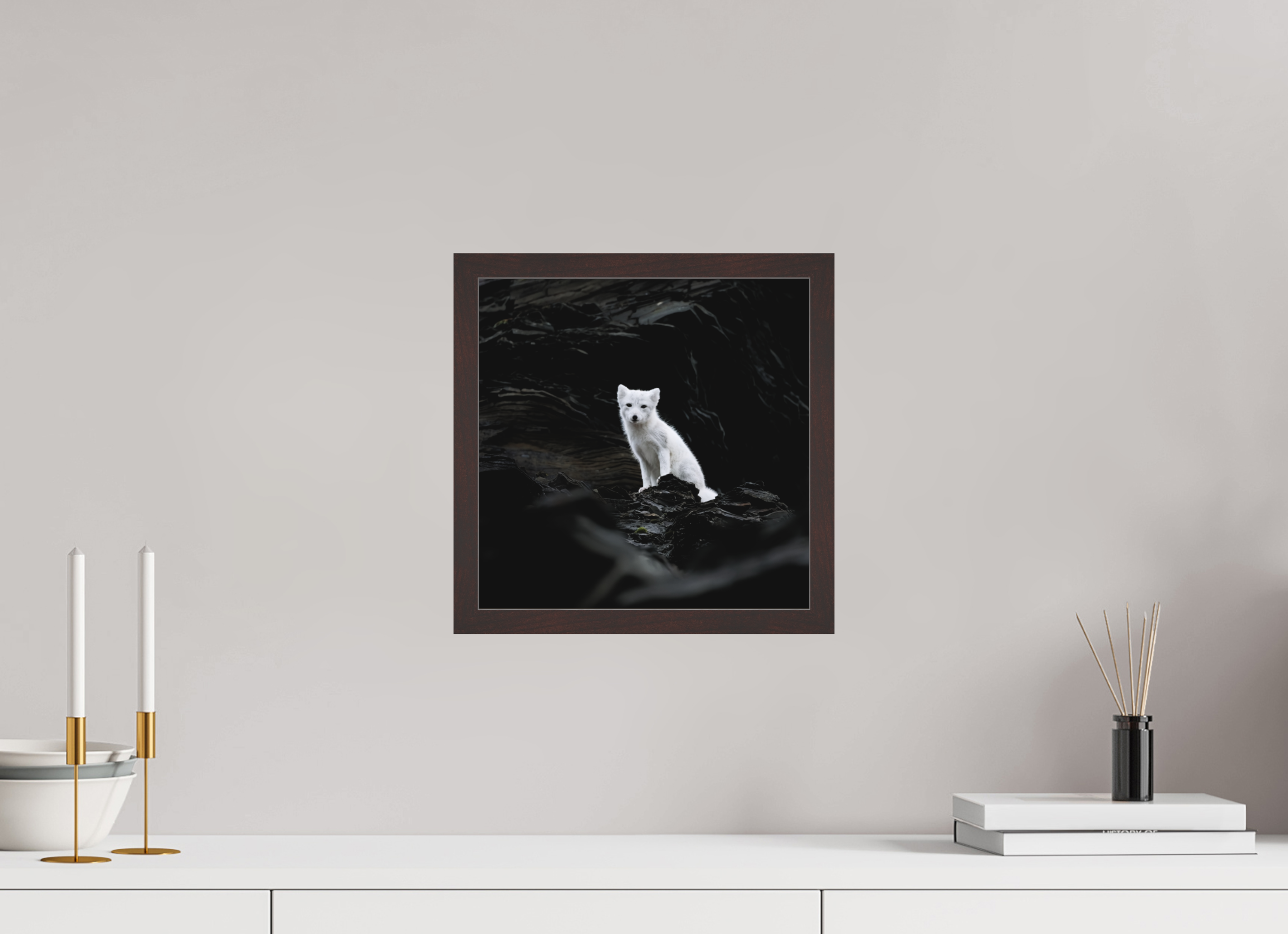 30 x 30 cm, Gallery Frame Hamburg 20mm Alder Brown Matte Acrylic Arctic Fox Angel - In Solid 20 mm Wood Frame Hamburg Matte