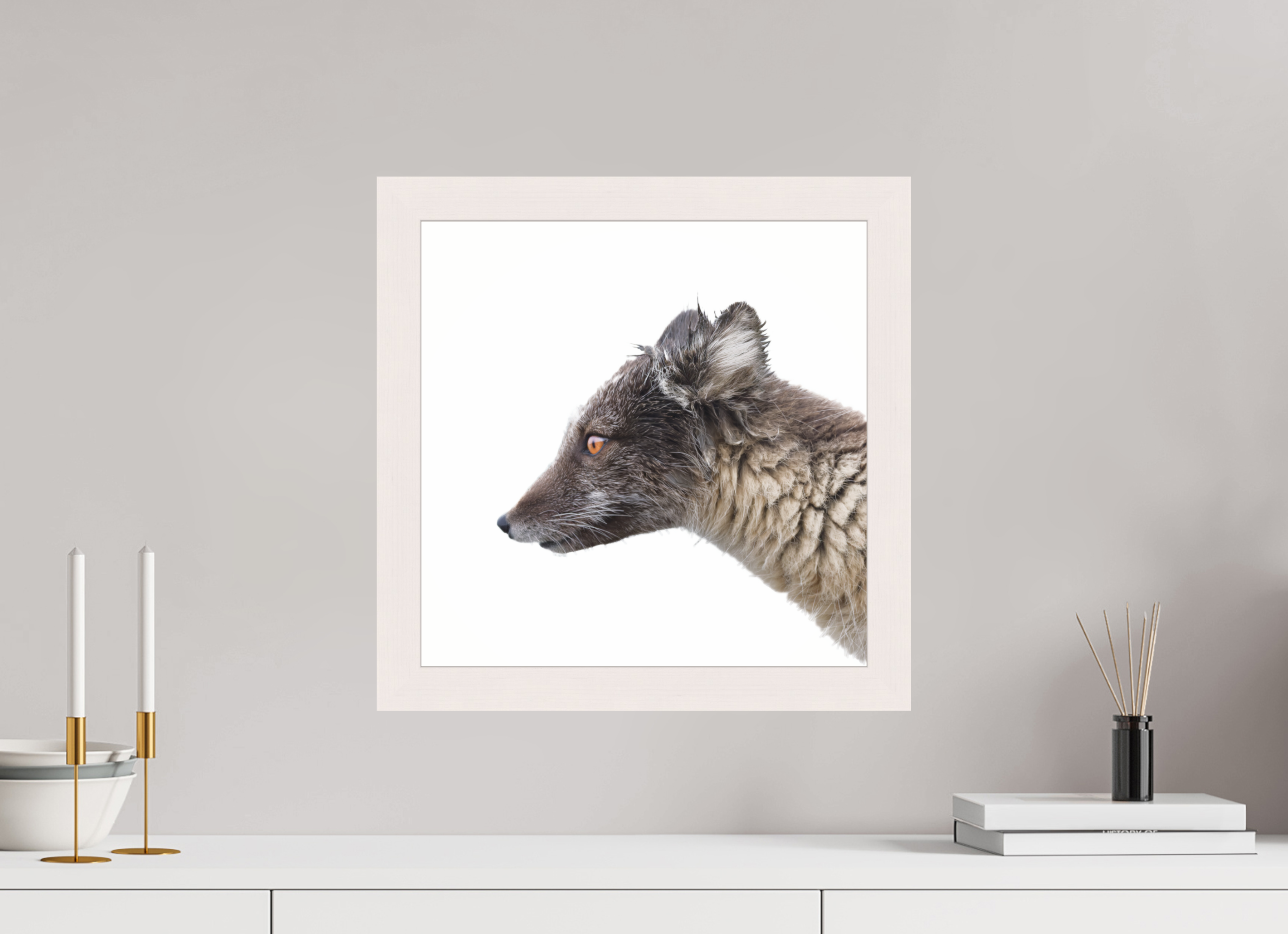 40 x 40 cm, Gallery Frame Hamburg 40mm White Glossy Acrylic Arctic Fox Angel - In Solid 40 mm Wood Frame Hamburg Glossy