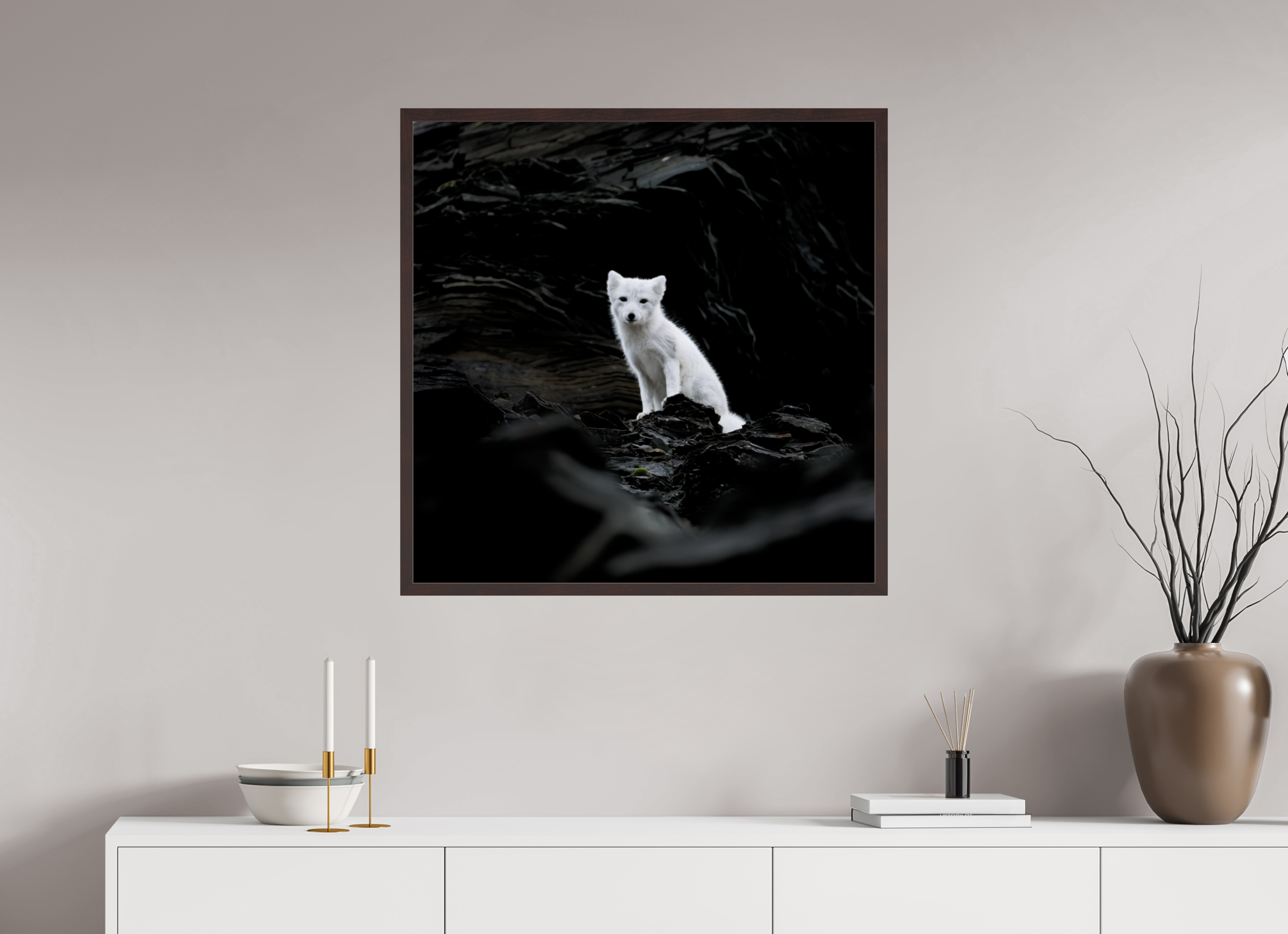 80 x 80 cm, Gallery Frame Hamburg 20mm Alder Brown Glossy Acrylic Arctic Fox Angel - In Solid 20 mm Wood Frame Hamburg Glossy