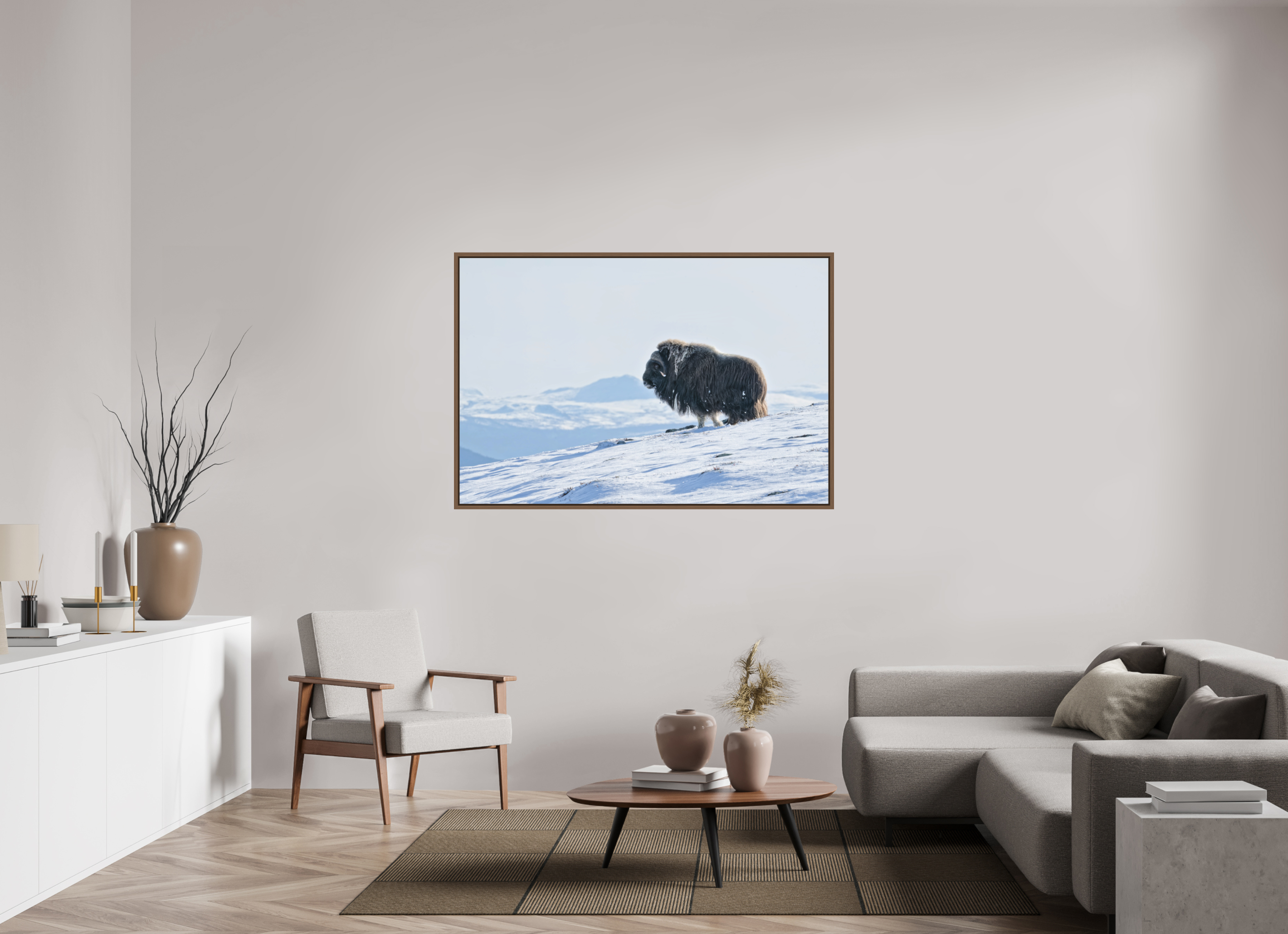 150 x 100 cm, Floater Frame Walnut Matte Acrylic Glass The Musk Ox Kingdom - Floater Frame Matte Acrylic
