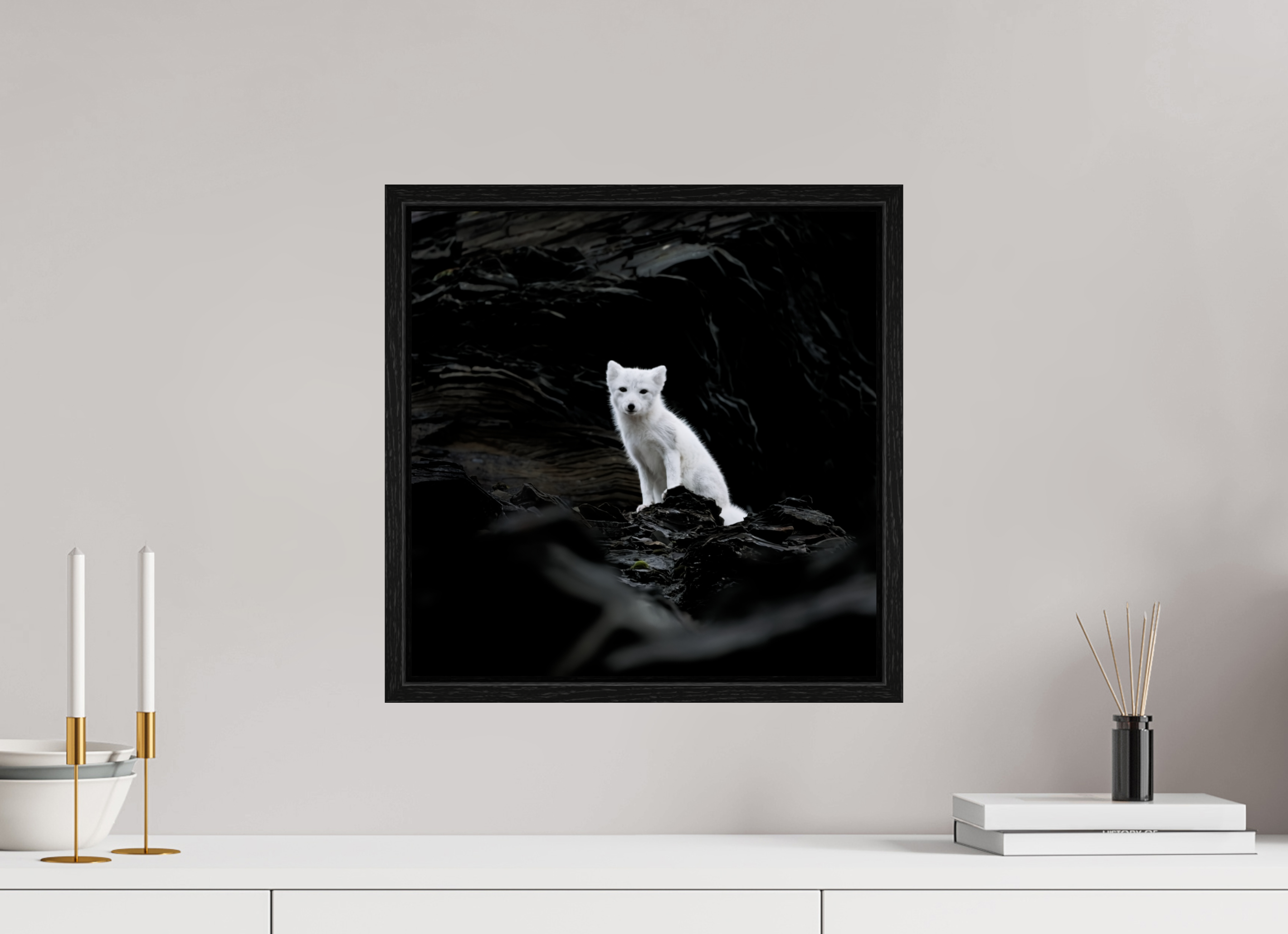 40 x 40 cm, Floater Frame Black Oak Glossy Acrylic Glass Arctic Fox Angel - Floater Frame Glossy