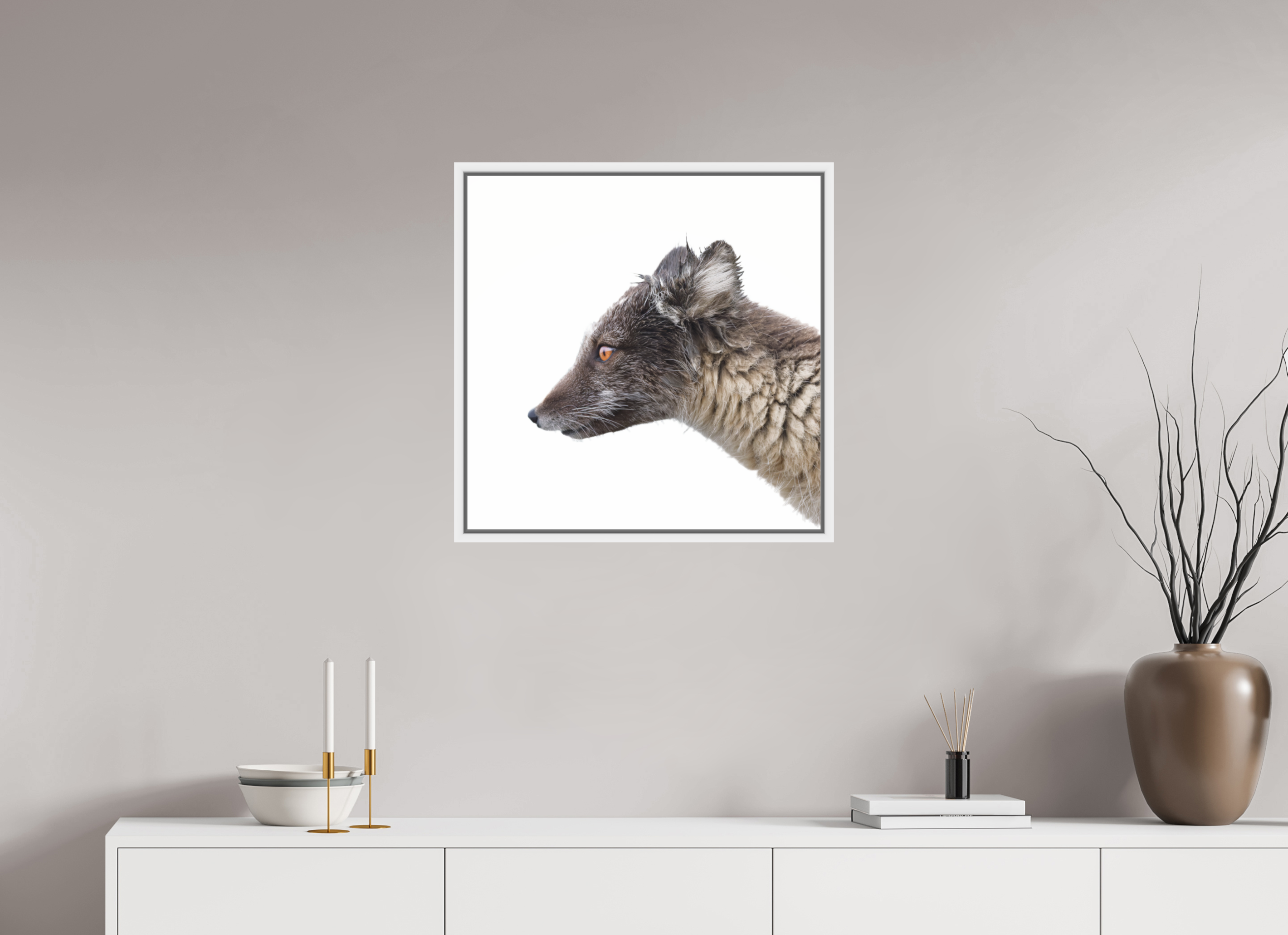 60 x 60 cm, Floater Frame Matte White Glossy Acrylic Glass Arctic Fox Brown - Floater Frame Glossy