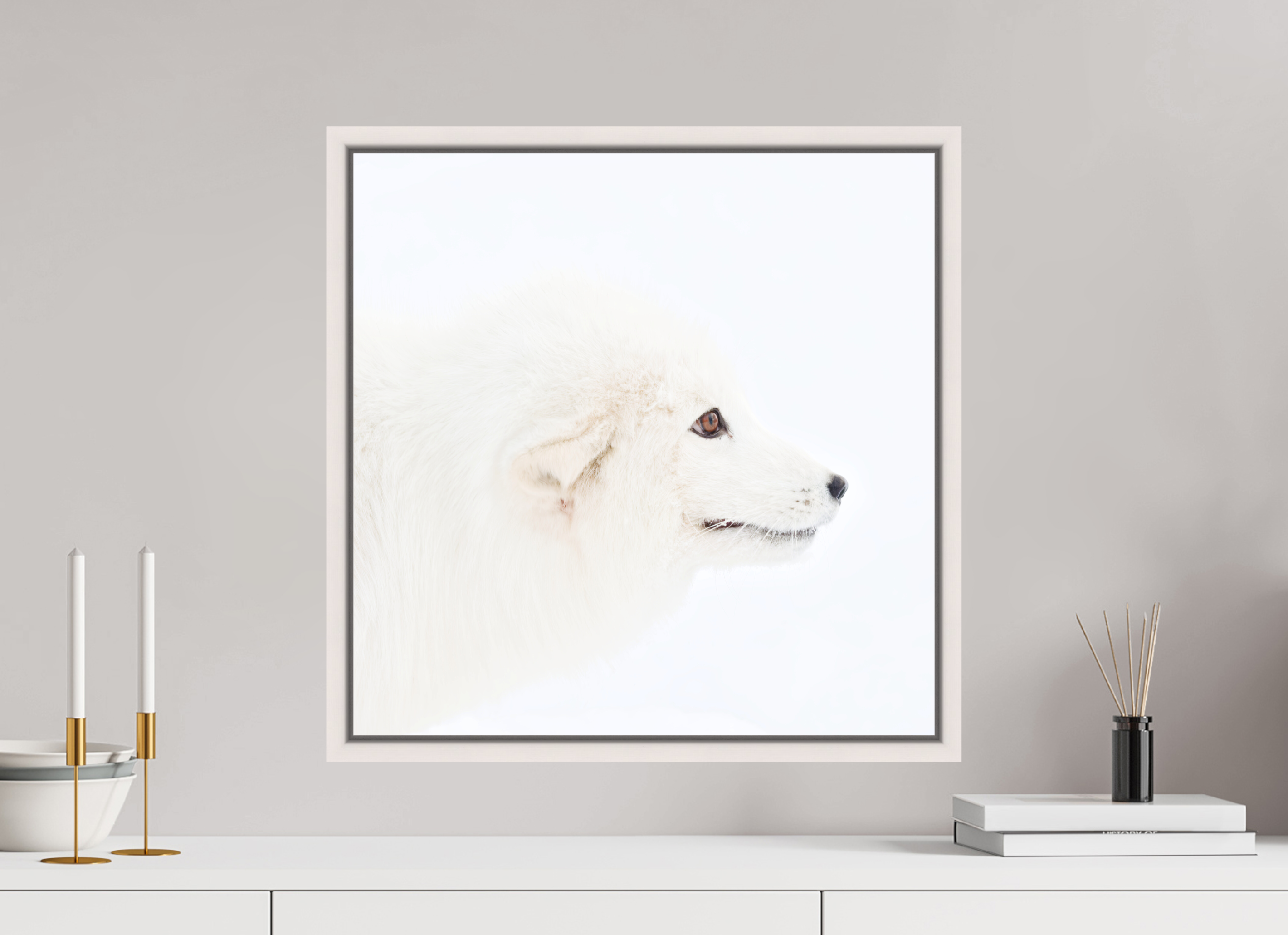 50 x 50 cm, Floater Frame Maple White Matte Acrylic Glass Arctic Fox Head - Floater Frame