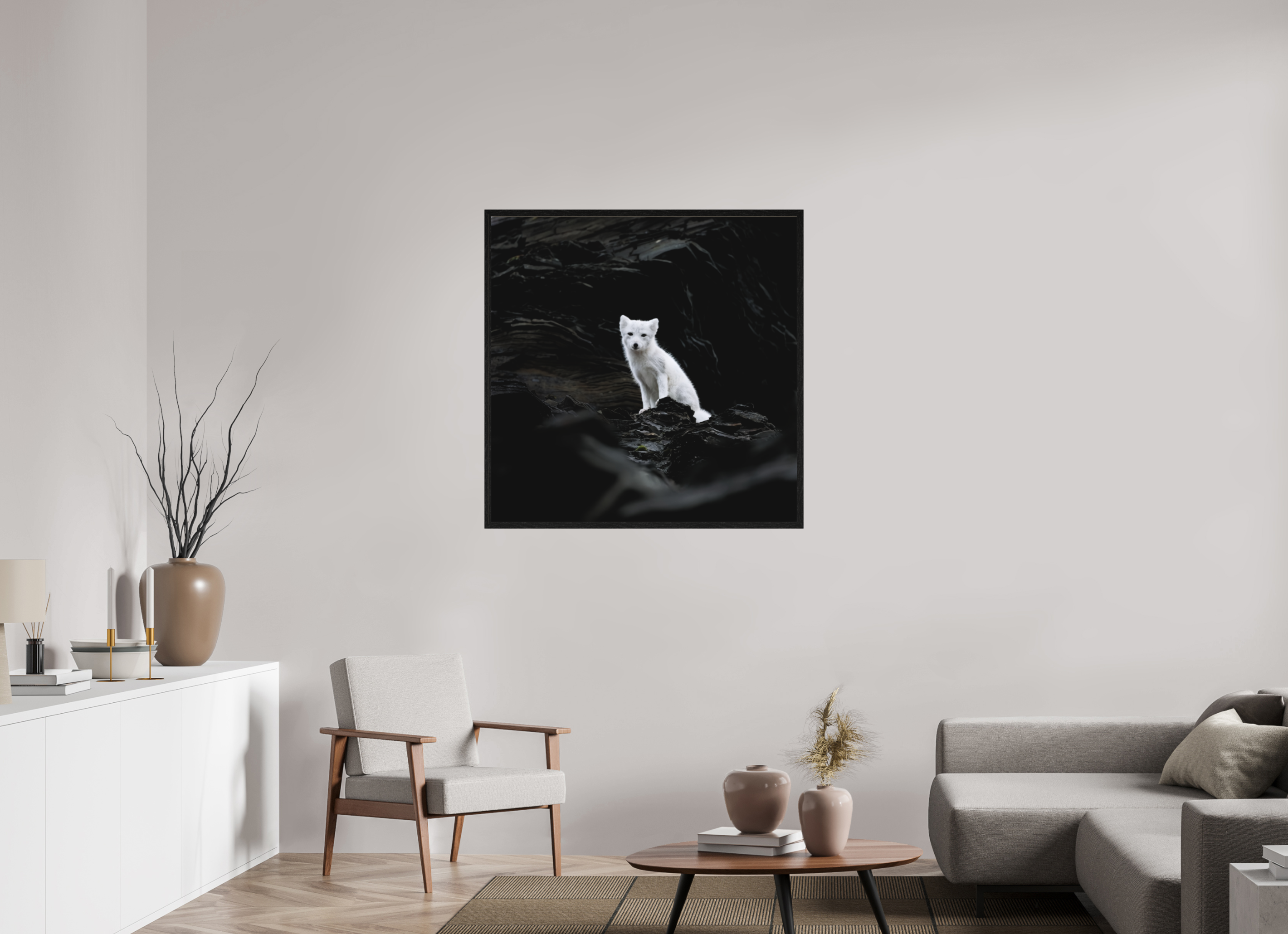 100 x 100 cm, Gallery Frame Hamburg 20mm Black Oak Matte Acrylic Arctic Fox Angel - In Solid 20 mm Wood Frame Hamburg Matte