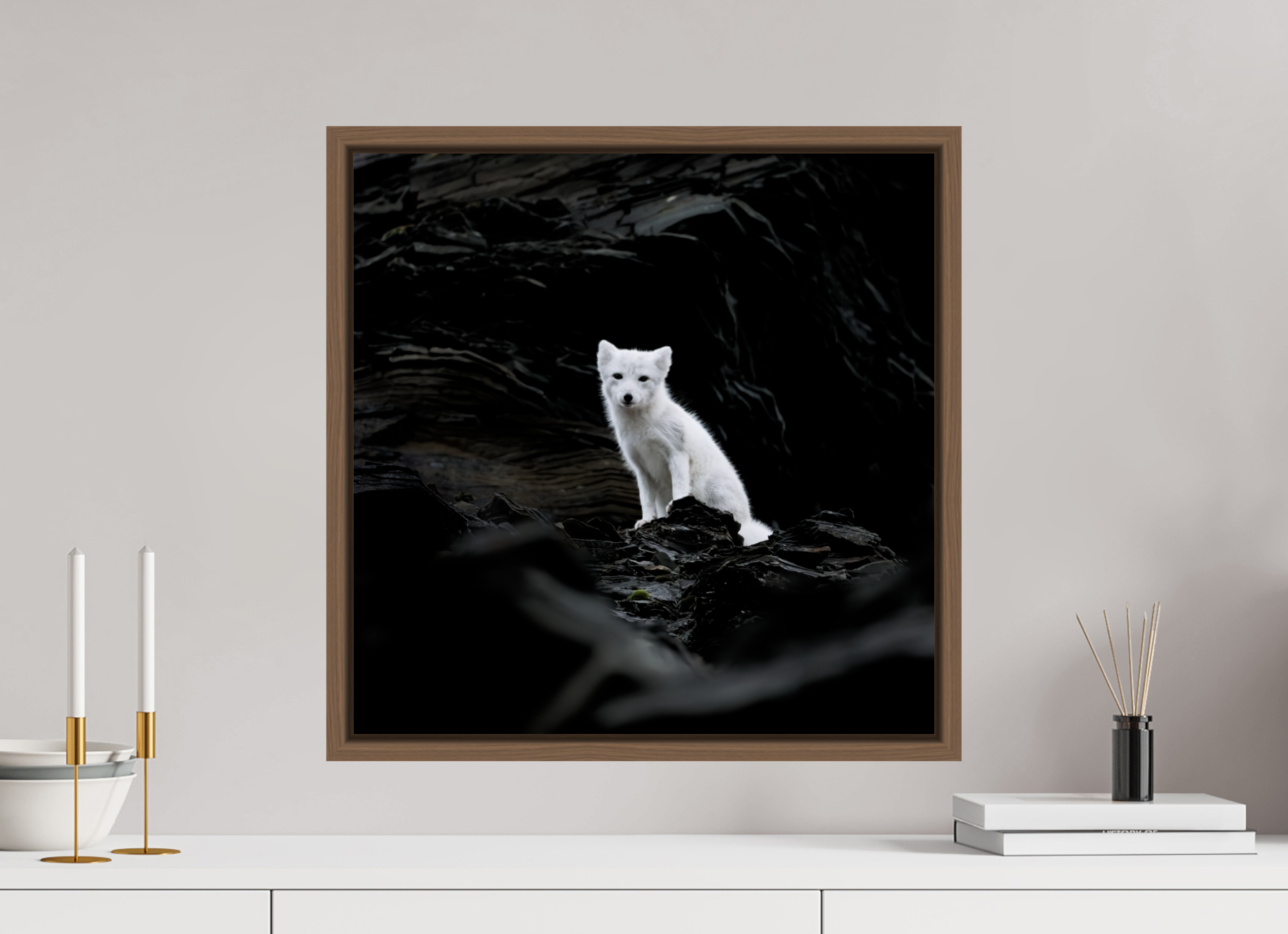 50 x 50 cm, Floater Frame Walnut Glossy Acrylic Glass Arctic Fox Angel - Floater Frame Glossy