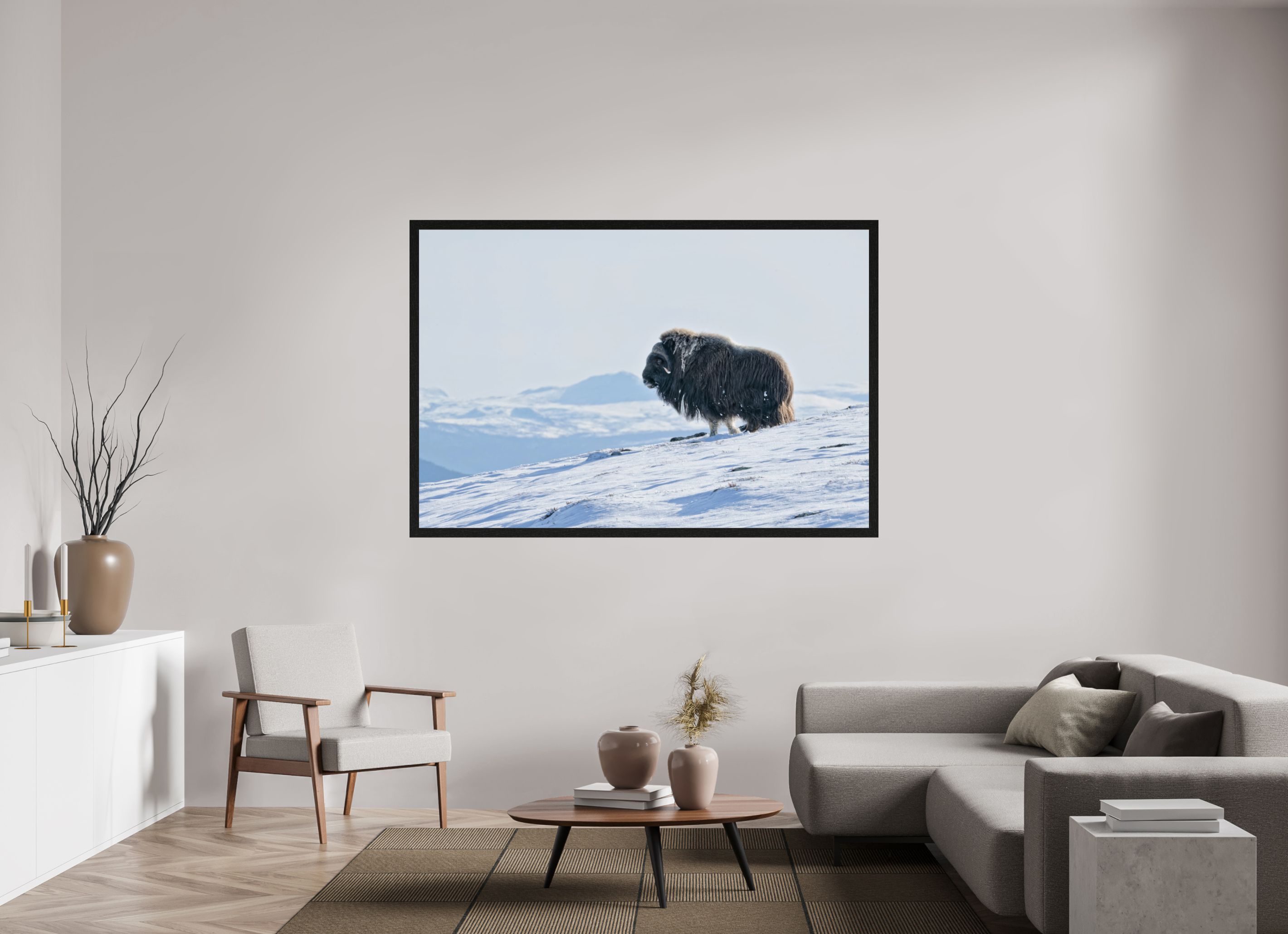 180 x 120 cm, Gallery Frame Hamburg 40mm Black Oak Glossy Acrylic Glass The Musk Ox Kingdom -  In Solid 40 mm Wood Frame Hamburg  Glossy Acrylic