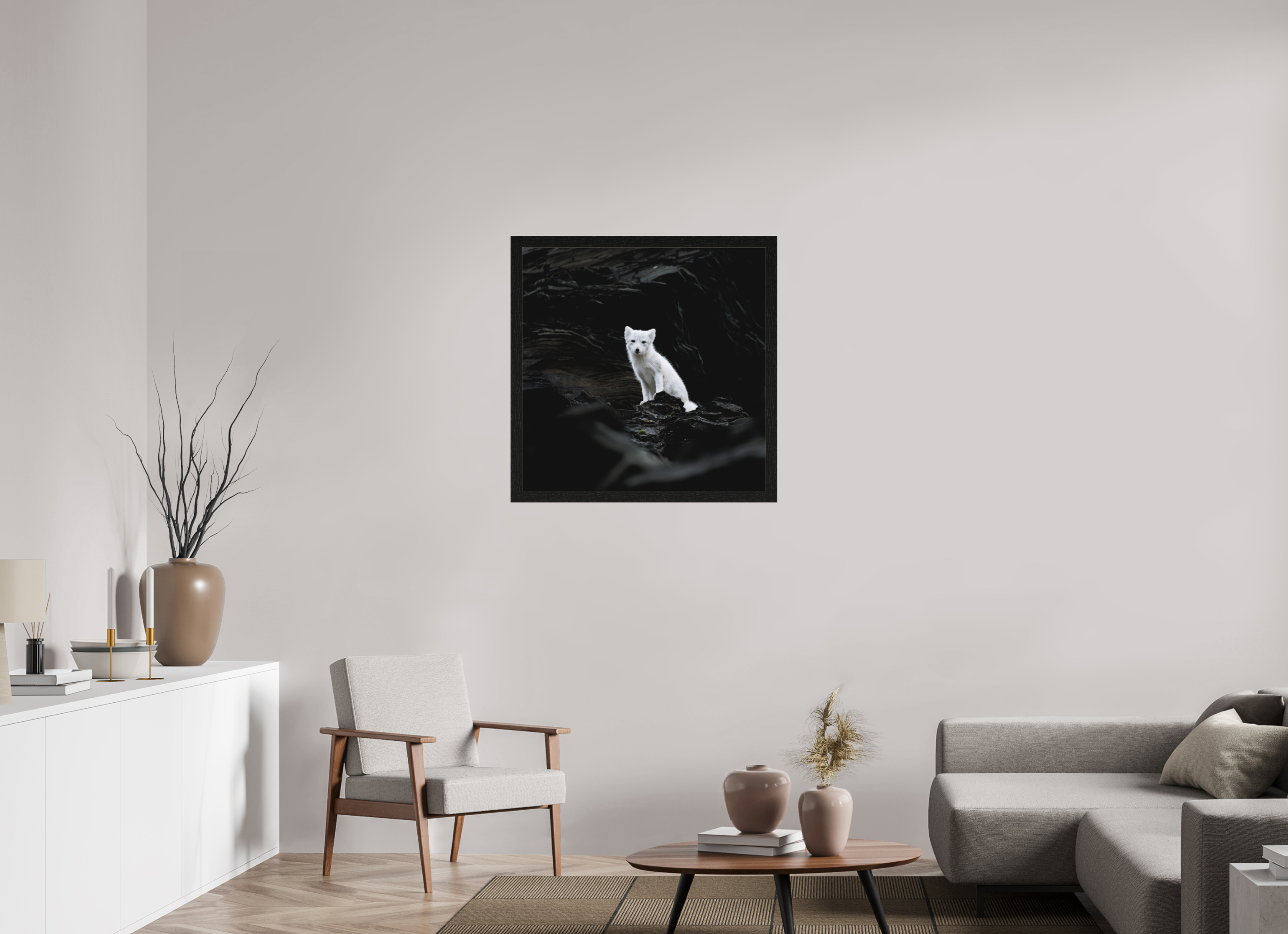 80 x 80 cm, Gallery Frame Hamburg 40mm Black Oak Matte Acrylic Arctic Fox Angel- In Solid 40 mm Wood Frame Hamburg Matte
