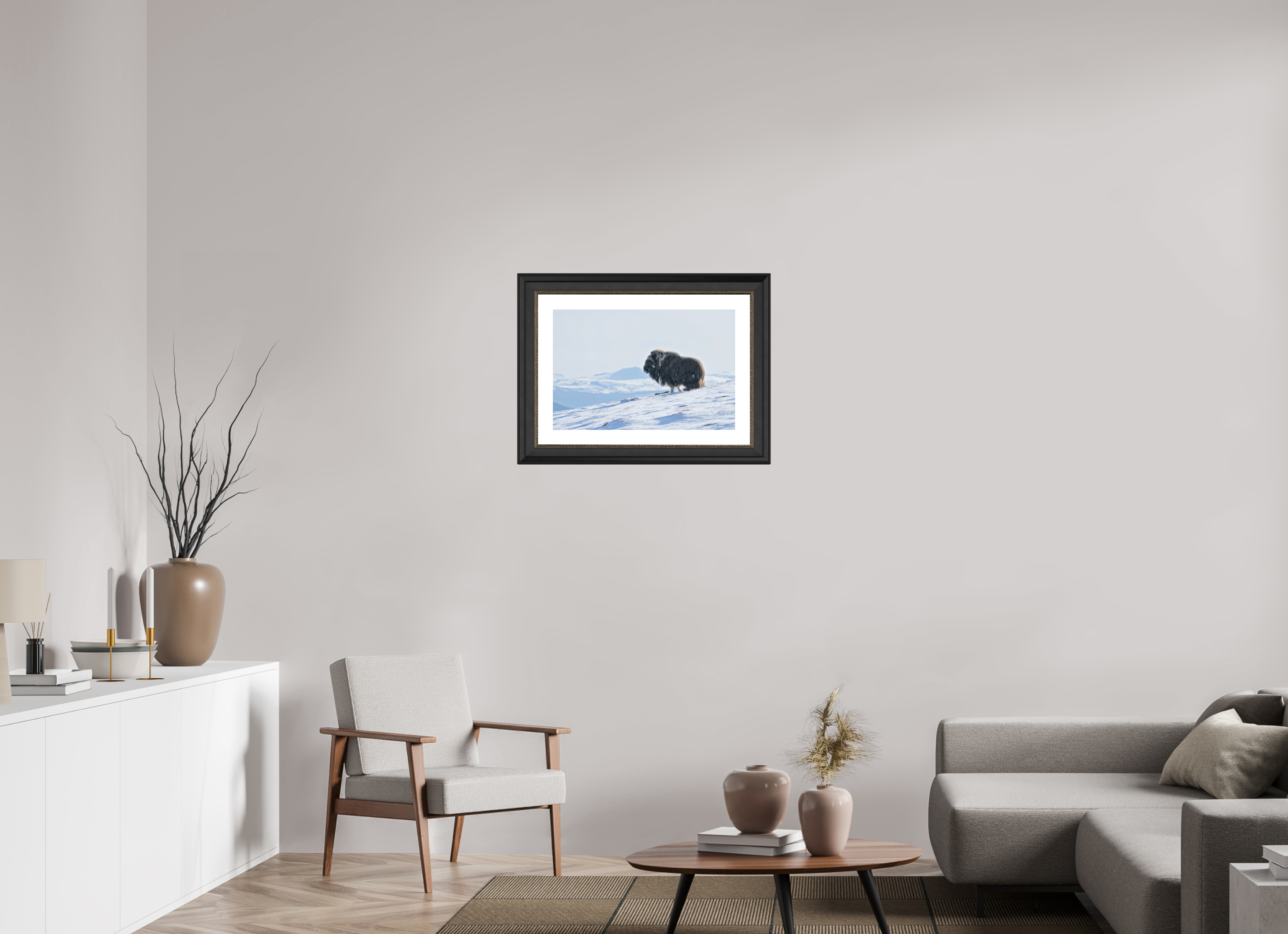 60 x 40 cm, Solid Wood Black-silver Frame London White Passe-partout The Musk Ox Kingdom -  Solid Frame White Passe-Partout