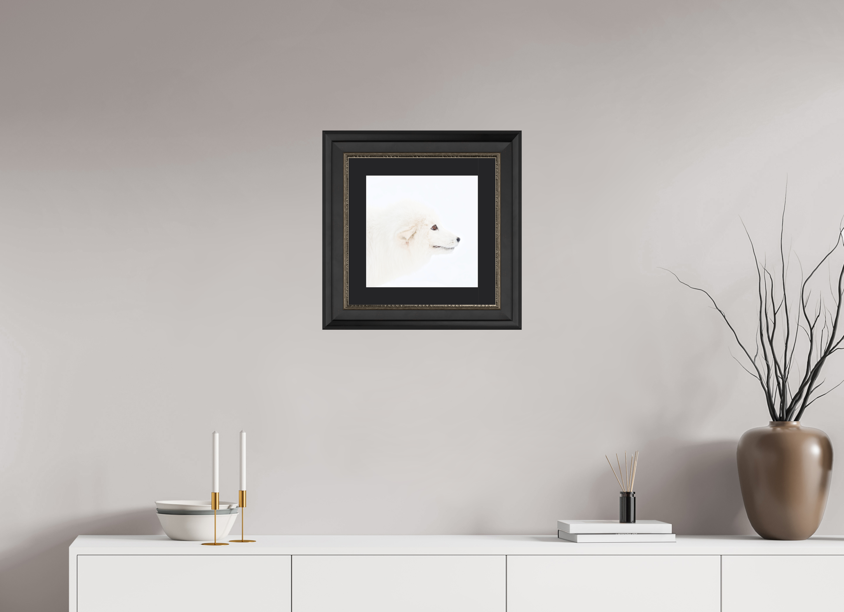 30 x 30 cm, Solid Wood Frame London Passe-partout Silver Arctic Fox Head - Solid Frame With Passe-Partout
