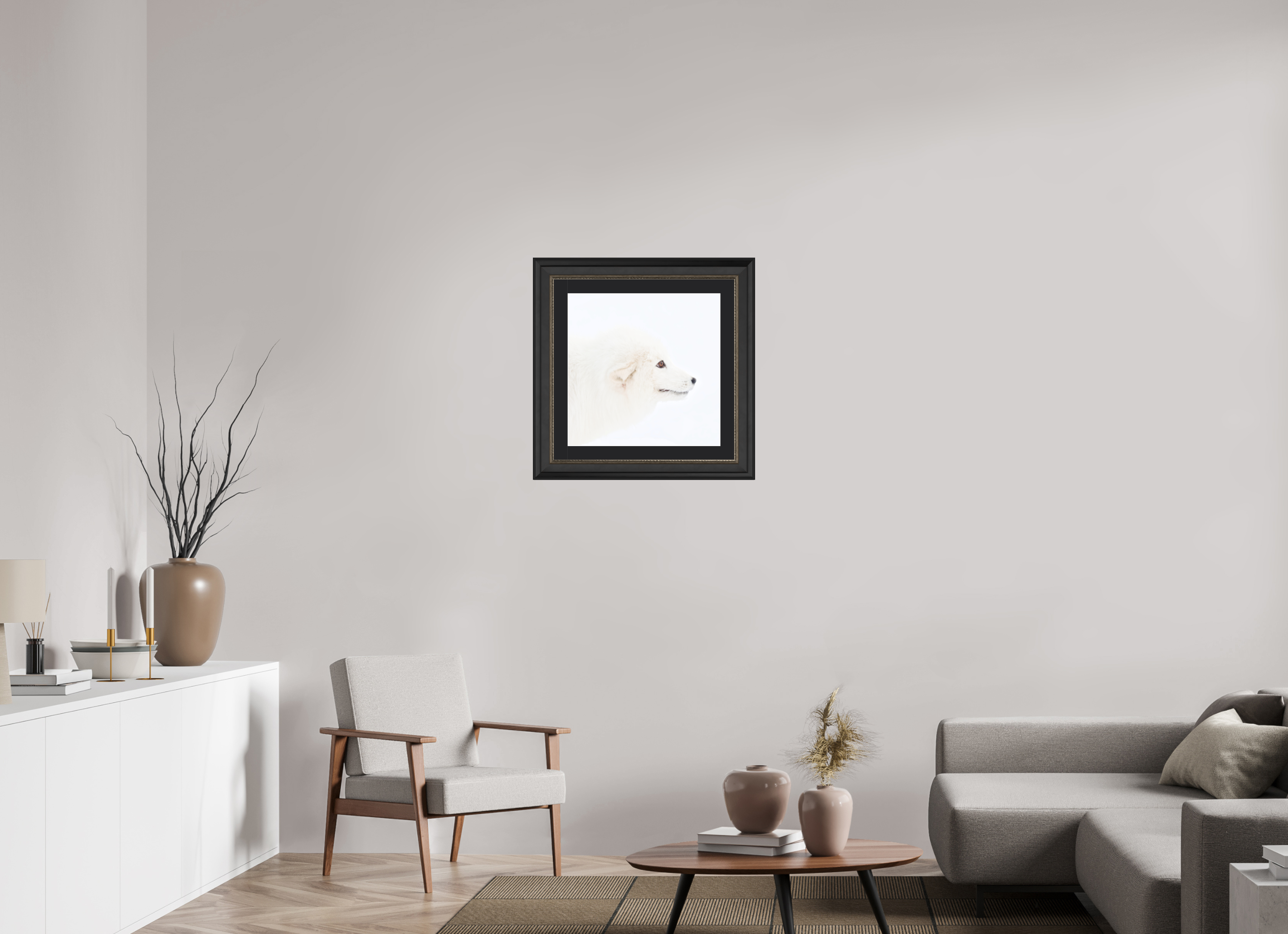 50 x 50 cm, Solid Wood Frame London Passe-partout Silver Arctic Fox Head - Solid Frame With Passe-Partout