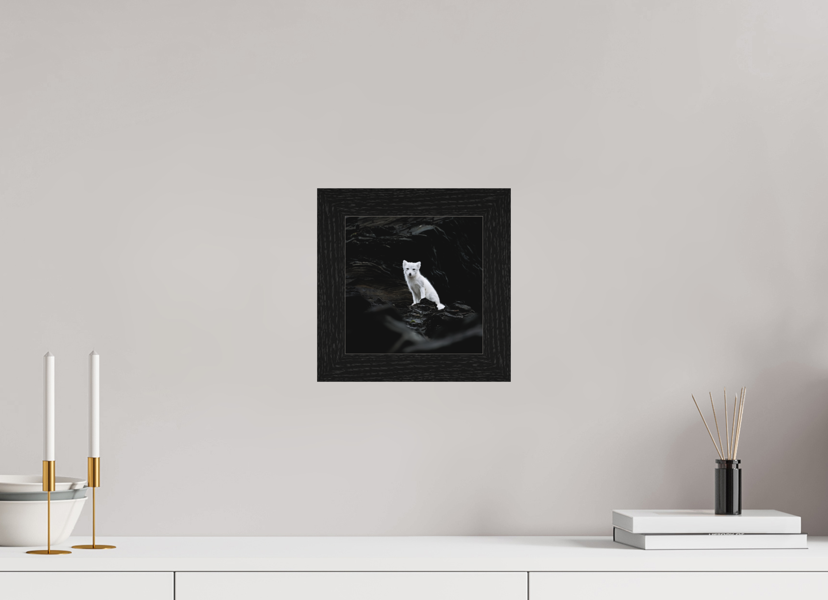 20 x 20 cm, Gallery Frame Hamburg 40mm Black Oak Matte Acrylic Arctic Fox Angel- In Solid 40 mm Wood Frame Hamburg Matte