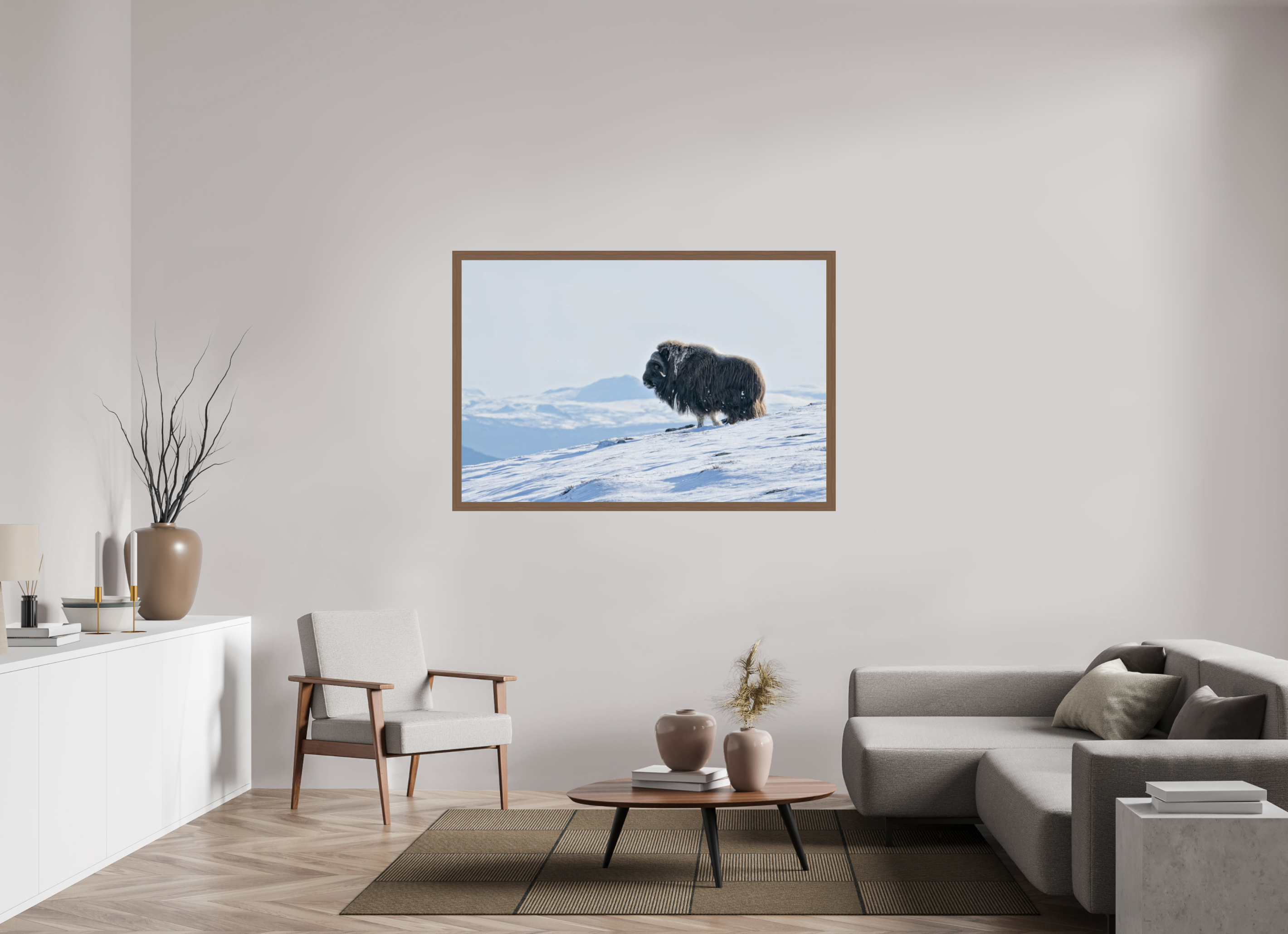 150 x 100 cm, Gallery Frame Hamburg 40mm Walnut Glossy Acrylic Glass The Musk Ox Kingdom -  In Solid 40 mm Wood Frame Hamburg  Glossy Acrylic