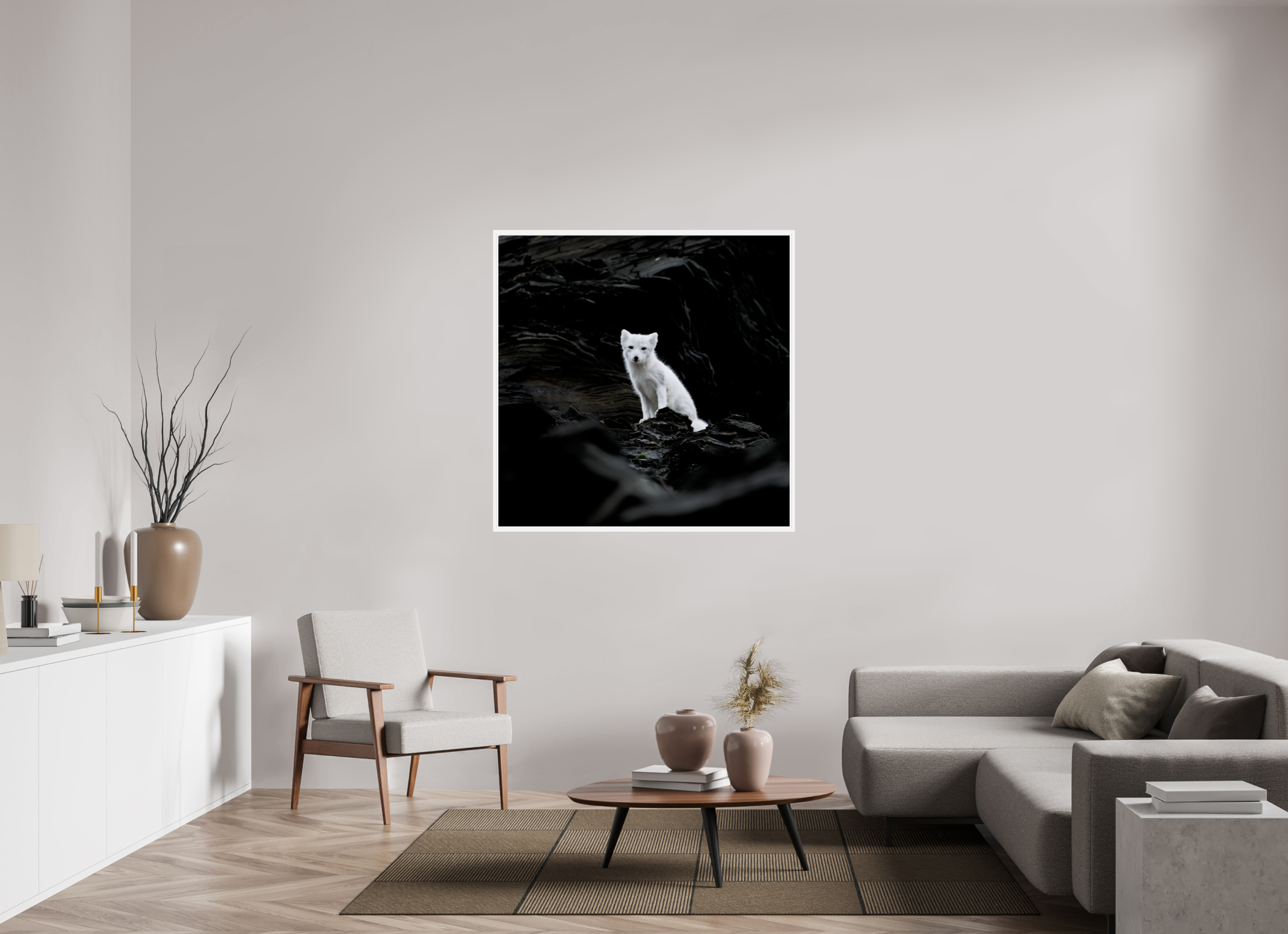 120 x 120 cm, Gallery Frame Hamburg 20mm White Glossy Acrylic Arctic Fox Angel - In Solid 20 mm Wood Frame Hamburg Glossy