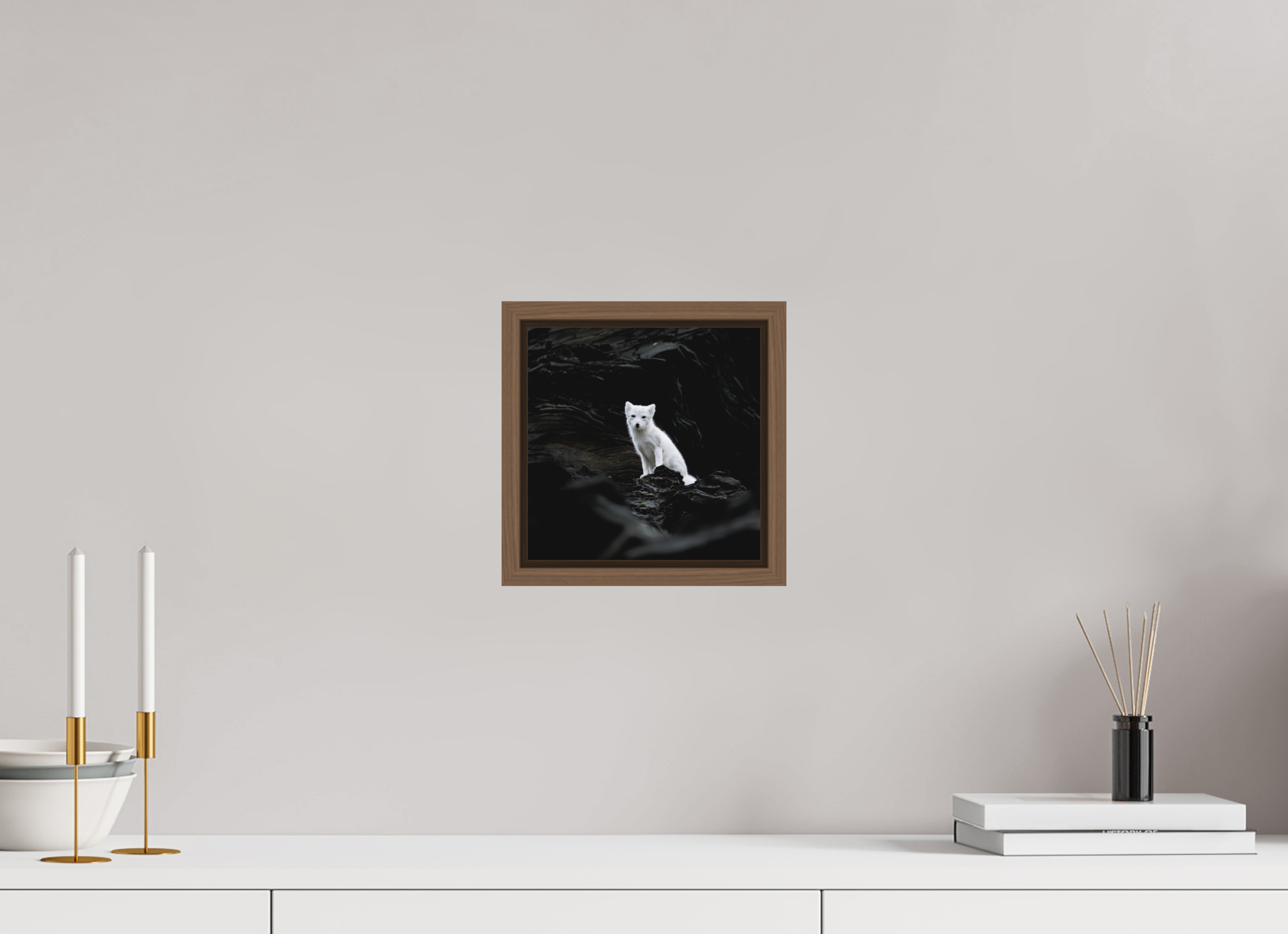 20 x 20 cm, Floater Frame Walnut Matte Acrylic Glass Arctic Fox Angel - Floater Frame Matte