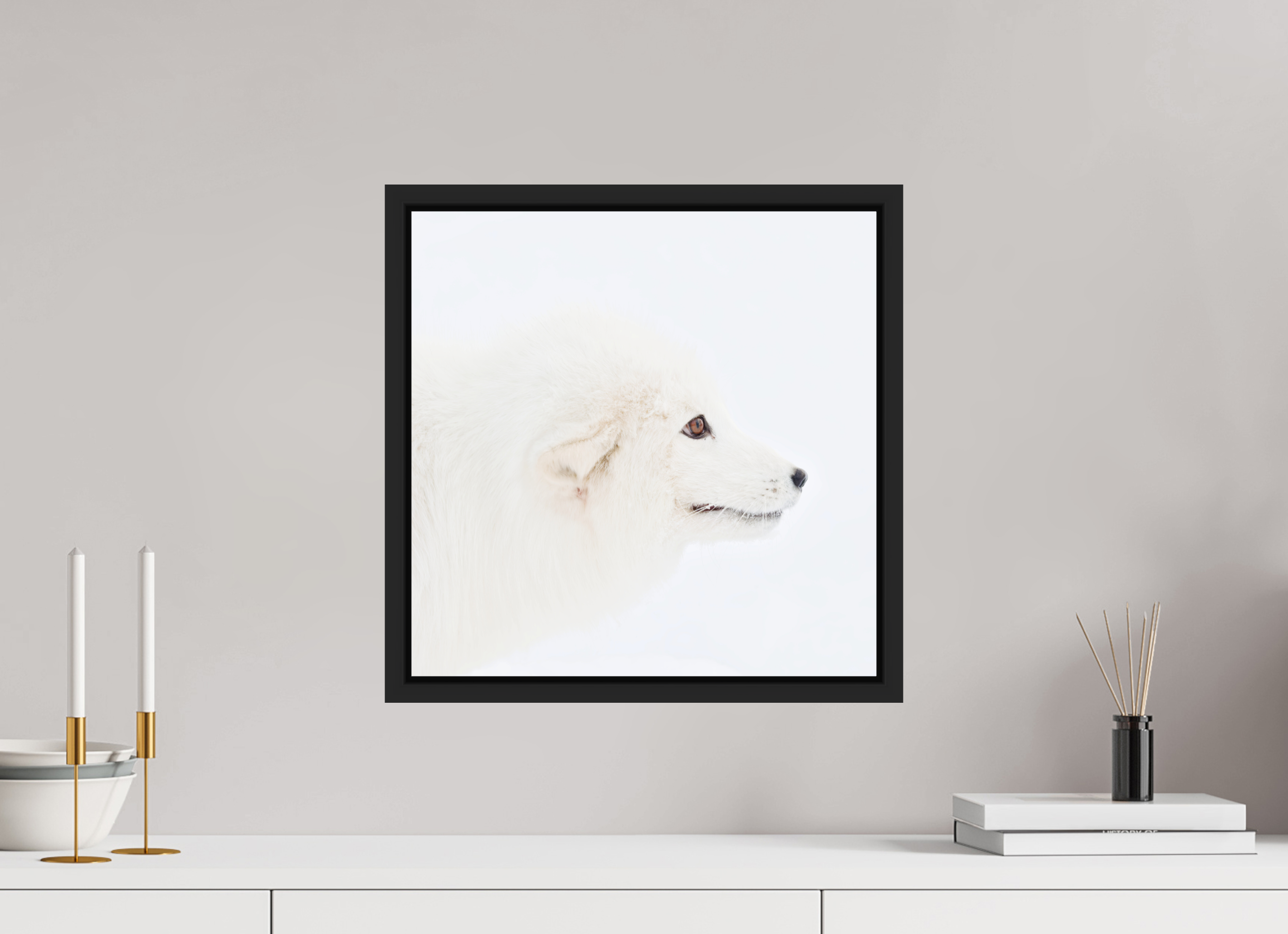 40 x 40 cm, Floater Frame Matte Black Glossy Acrylic Glass Arctic Fox Head - Floater Frame