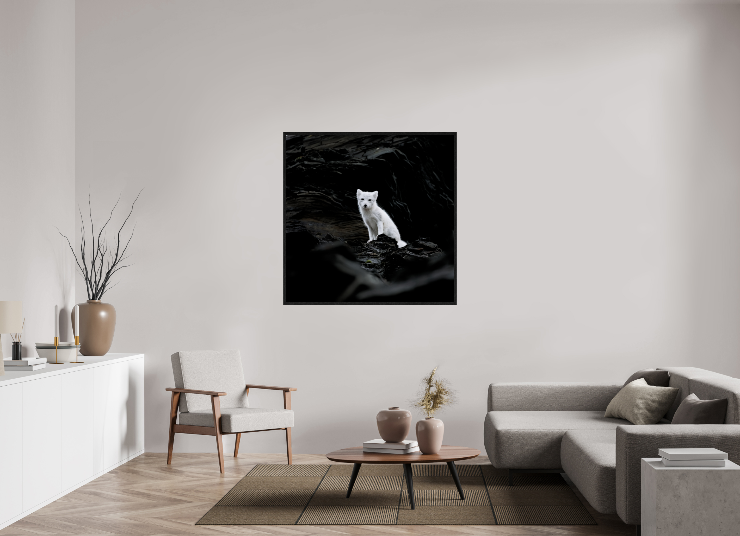 120 x 120 cm, Gallery Frame Hamburg 20mm Black Oak Glossy Acrylic Arctic Fox Angel - In Solid 20 mm Wood Frame Hamburg Glossy
