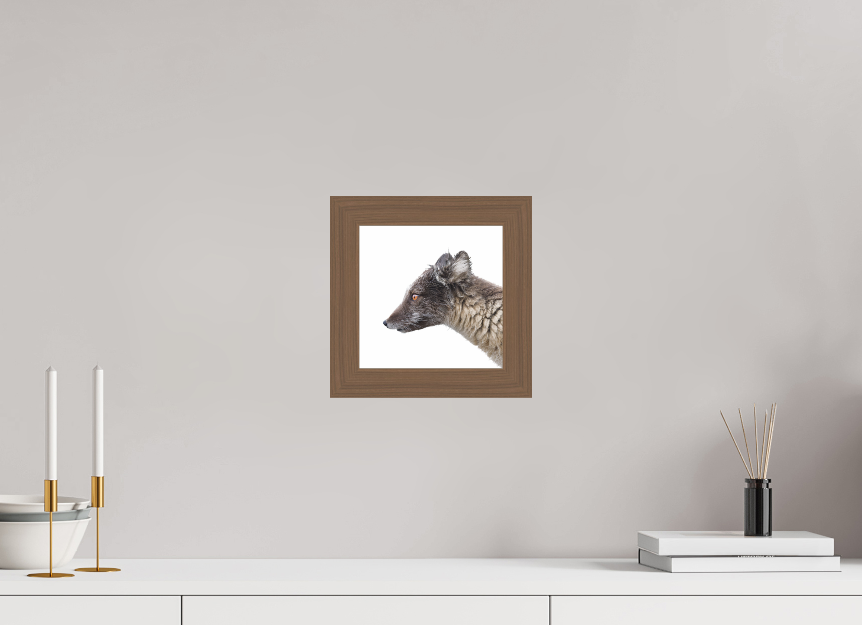 20 x 20 cm, Gallery Frame Hamburg 40mm Walnut Glossy Acrylic Arctic Fox Angel - In Solid 40 mm Wood Frame Hamburg Glossy