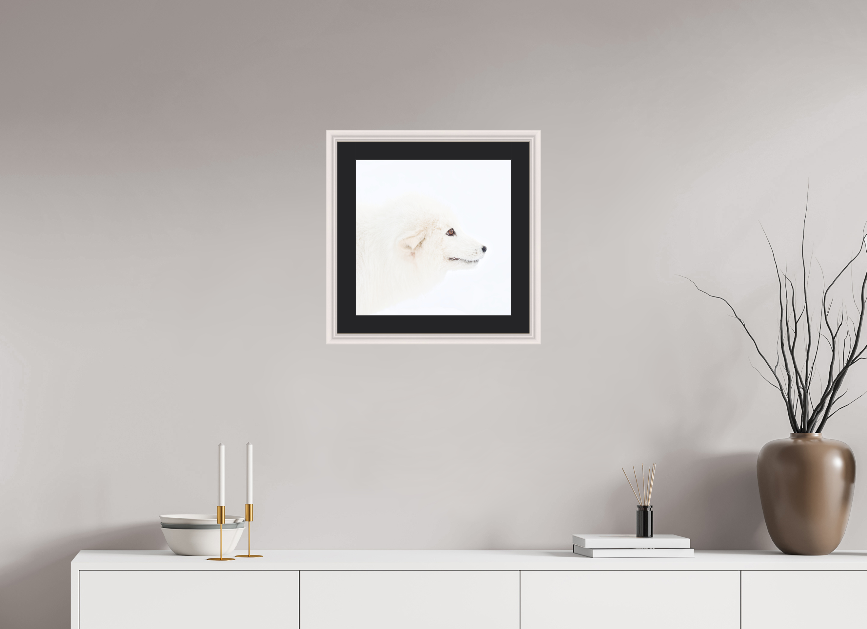 40 x 40 cm, Solid Wood Frame Vienna Passe-partout Maple White Arctic Fox Head - Solid Frame With Passe-Partout