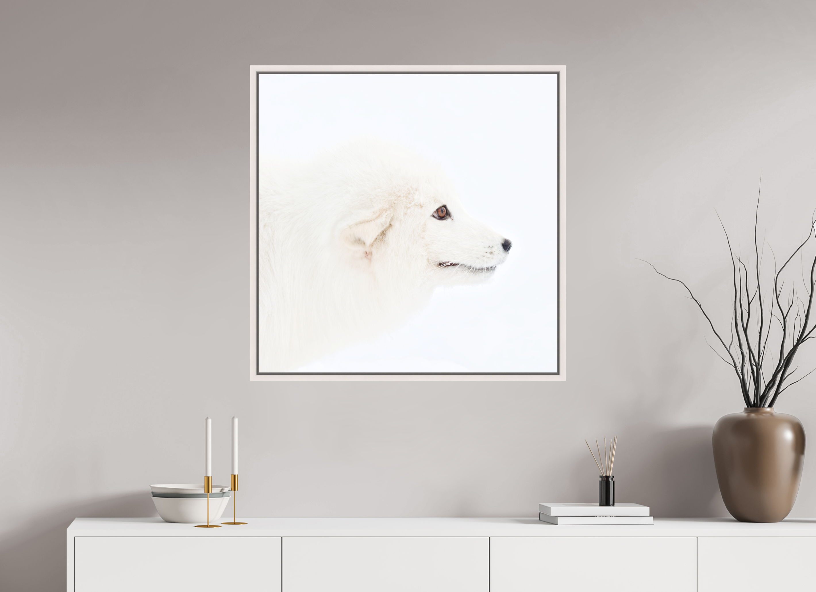 80 x 80 cm, Floater Frame Maple White Matte Acrylic Glass Arctic Fox Head - Floater Frame